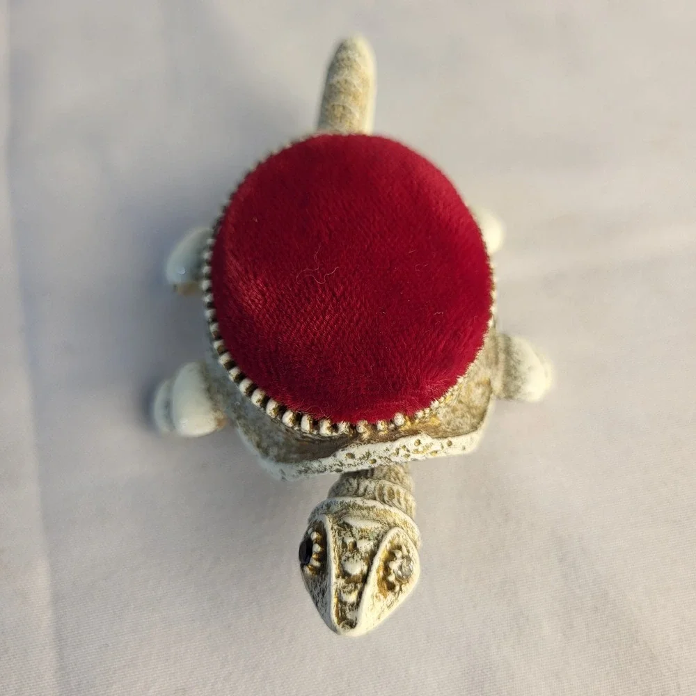 Florenza Articulated Turtle Red Velvet Pin Cushion Vintage White Enamel Metal